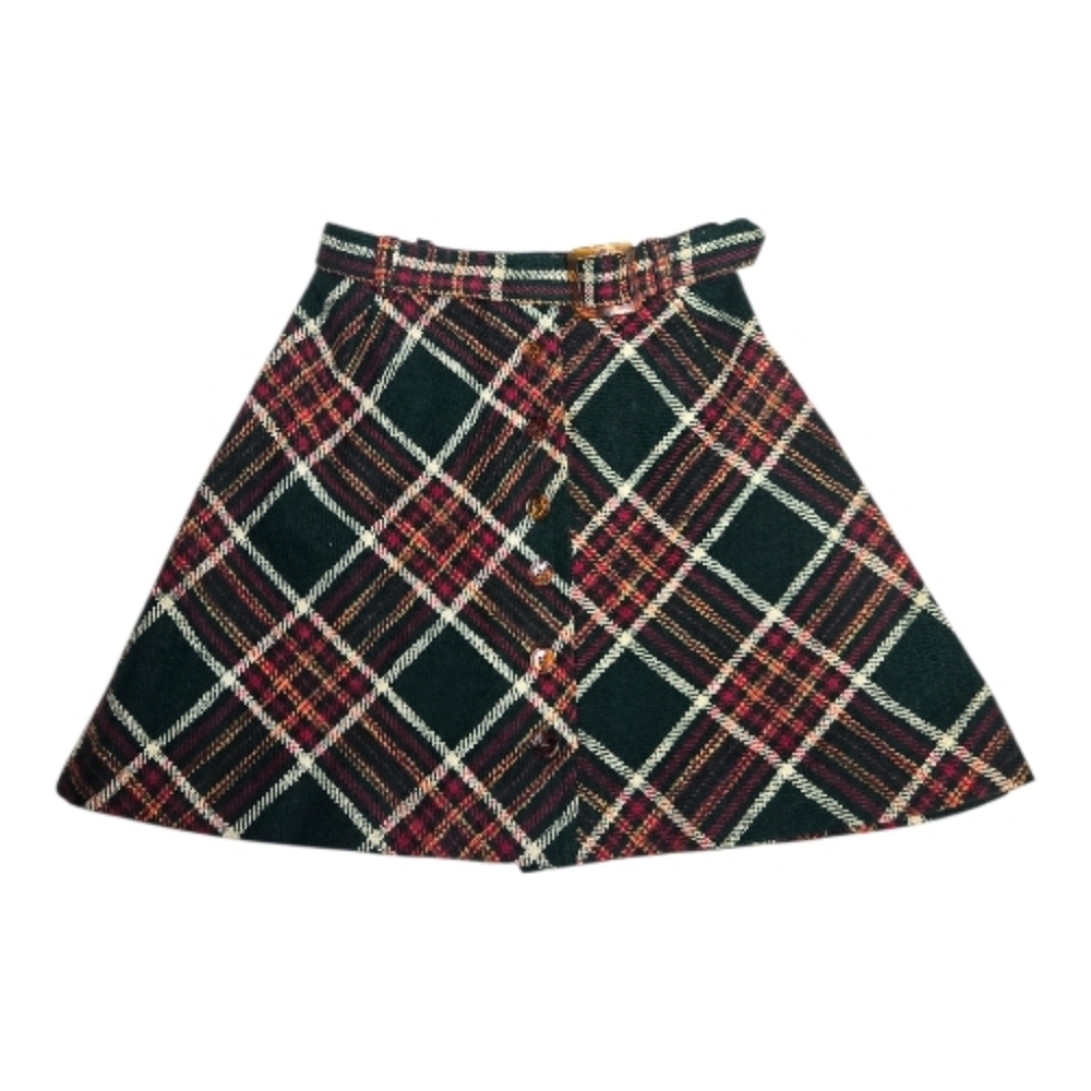VINTAGE 70s holiday plaid button front belted mini skirt XS